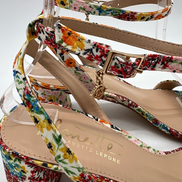 Nanette Lepore Clarissa Orange/Blue Floral Block Heels Sandals Size 9 - Picture 6 of 16